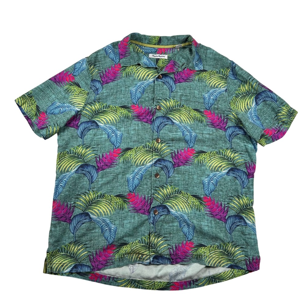 Tommy Bahama Shirt Mens XL Silk Tropical Ginger Flower Palm Camp Teal Green